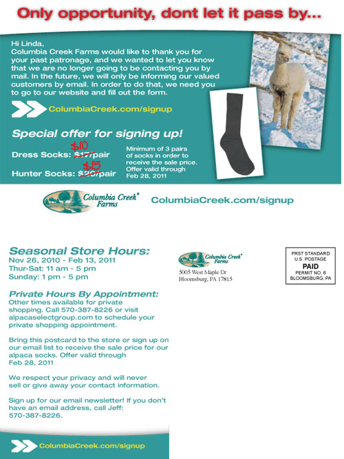 Postcard designed for Columbia Creek Farms